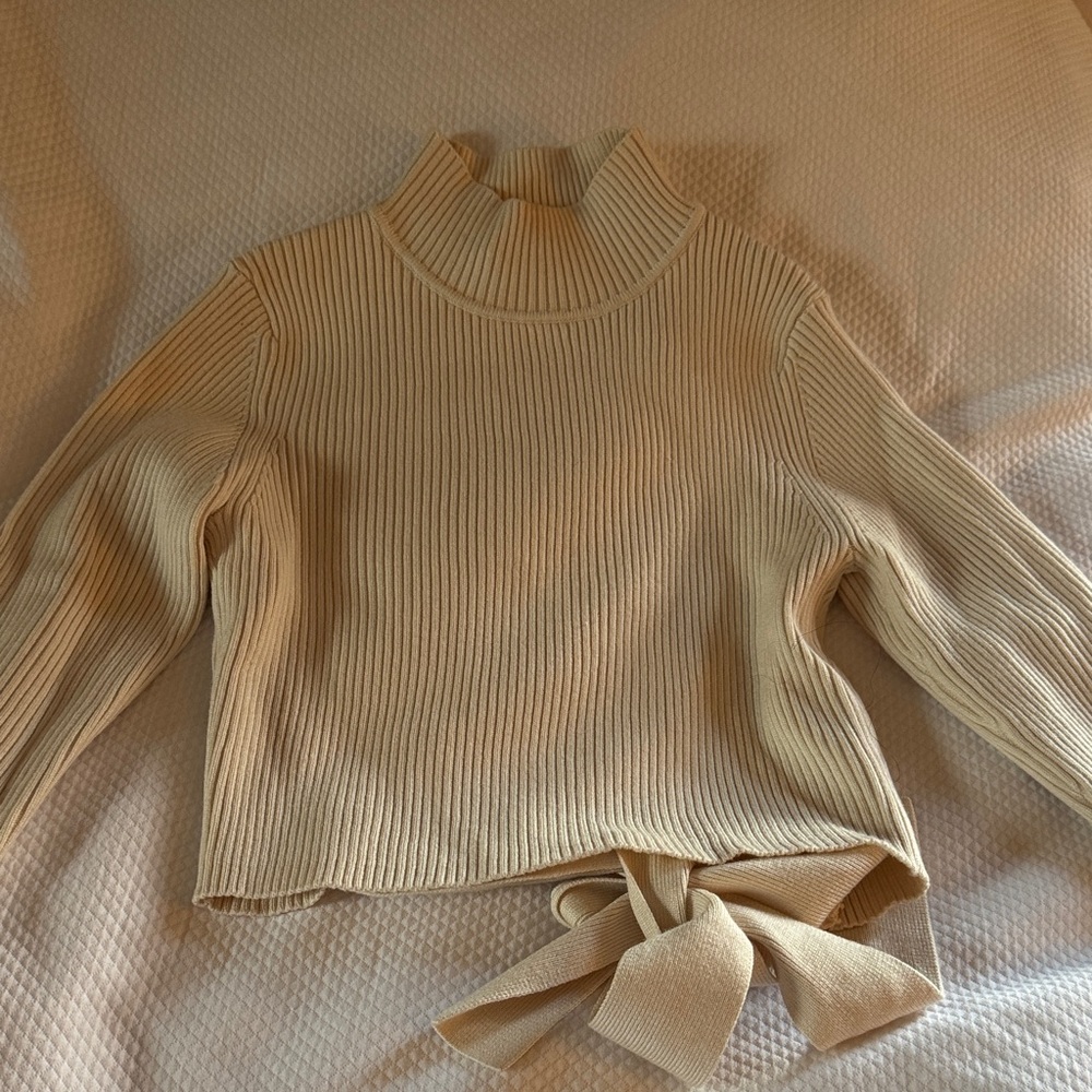 Zara Cream Ribbed Turtleneck Sweater. Open Back